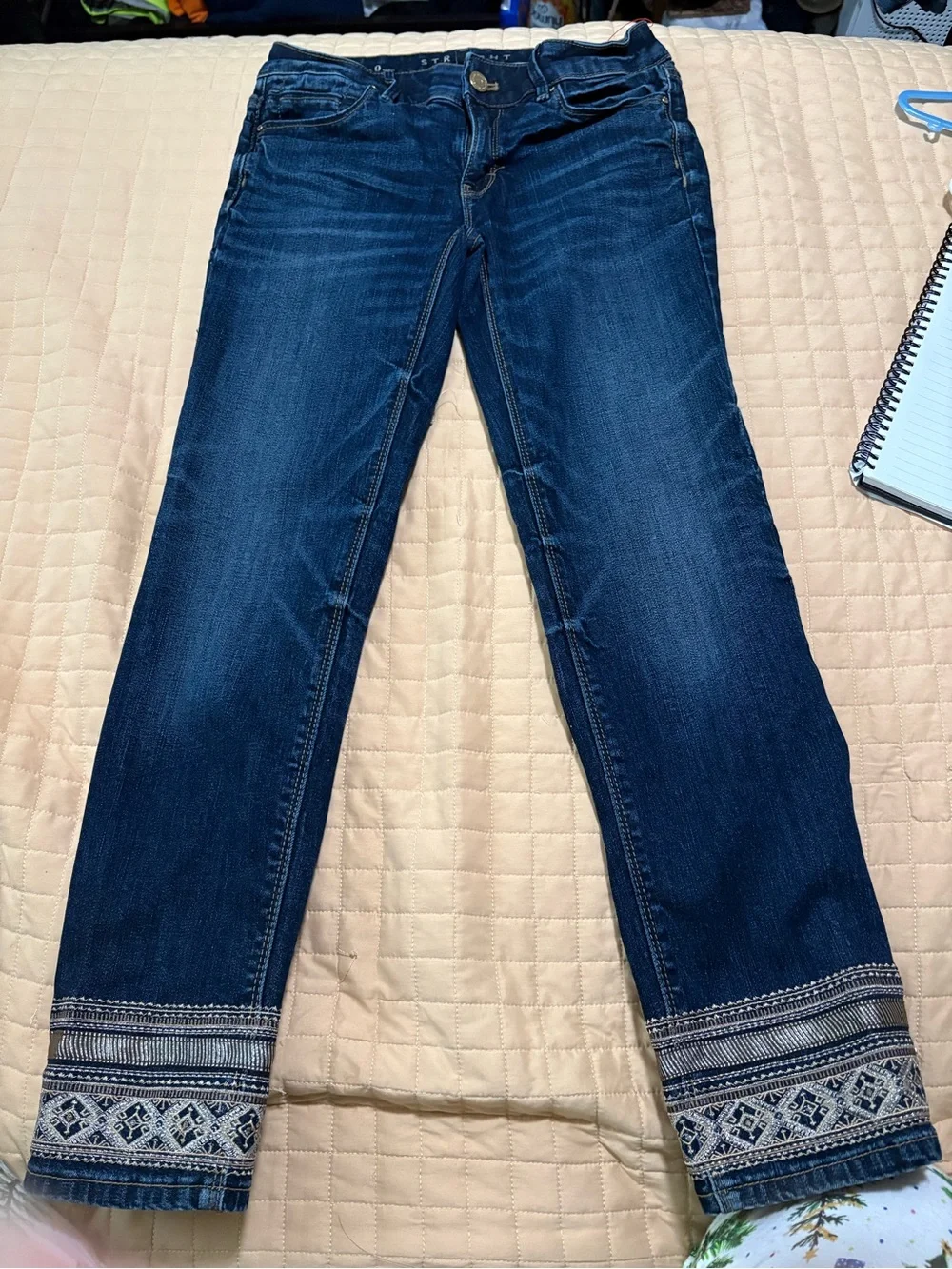 White House Black Market Dark Blue Embroidered Knee Skinny Jeans